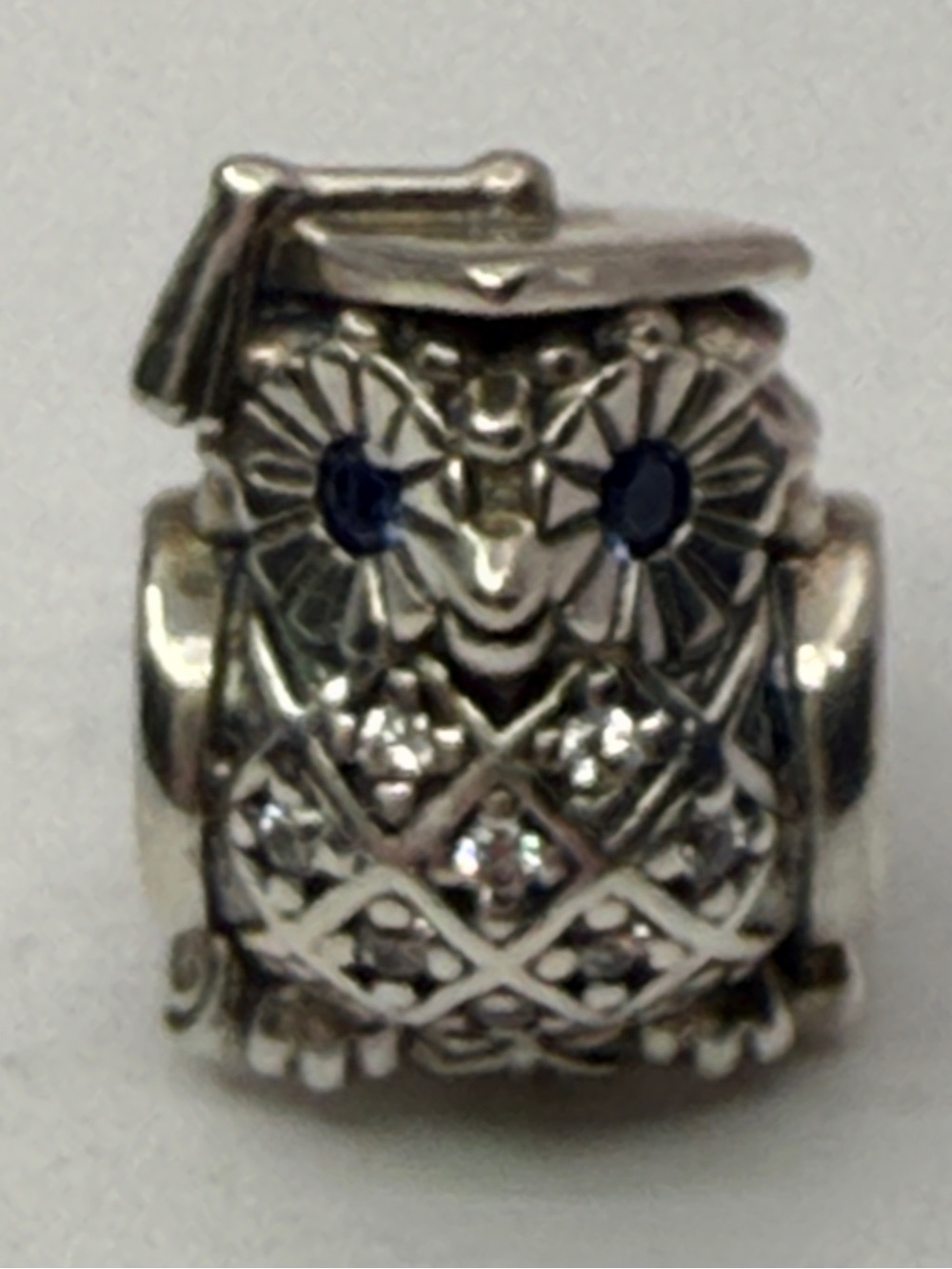 Retired Pandora Graduate Owl Charm 791502NSB Swiss Blue Crystal Eyes